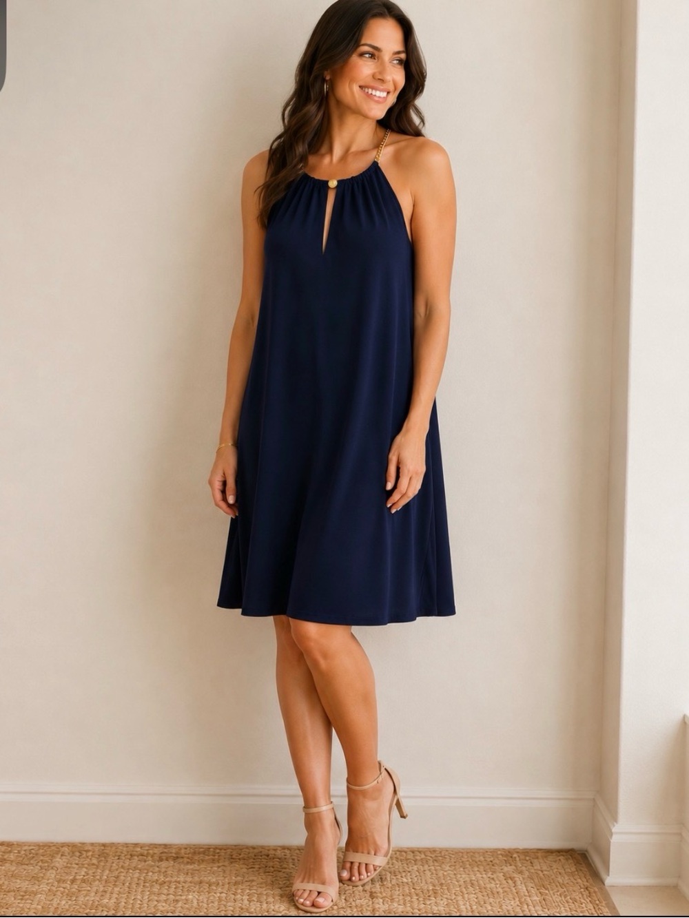 Michael Kors Navy Blue Chain Strap Halter Dress Sleeveless Midi Shift Dress